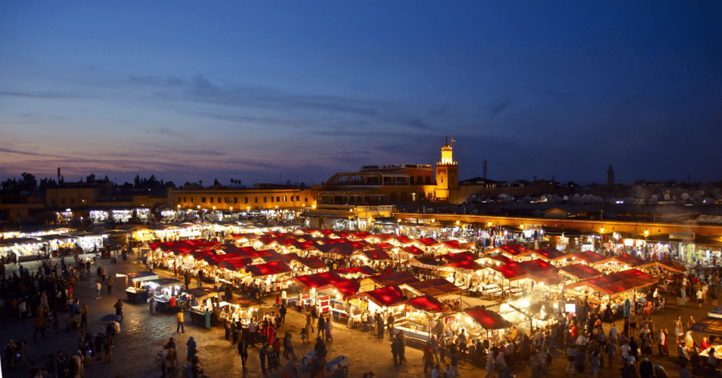 Night view of Jemaa el-Fnaa market in Marrakech, Morocco